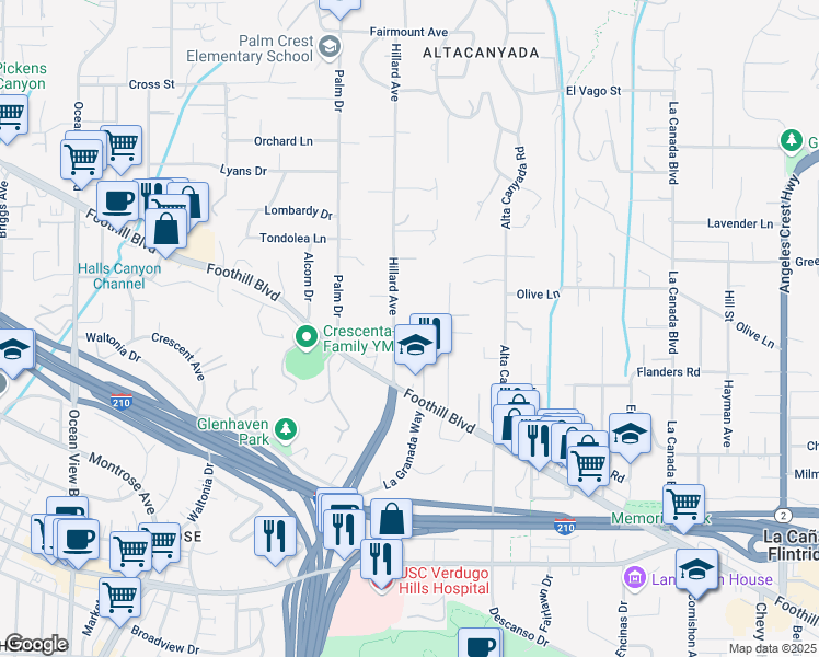 map of restaurants, bars, coffee shops, grocery stores, and more near 4608 Hillard Avenue in La Cañada Flintridge