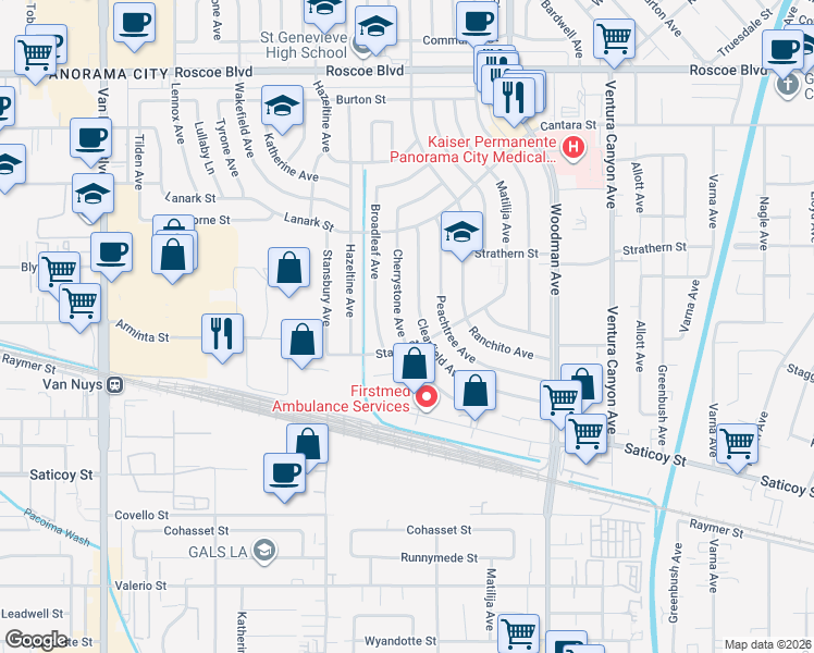 map of restaurants, bars, coffee shops, grocery stores, and more near 7852 Cherrystone Avenue in Los Angeles