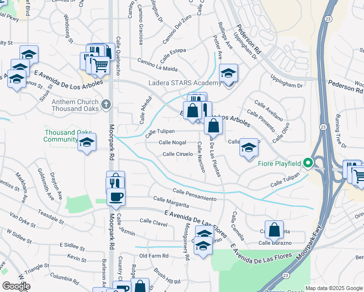 map of restaurants, bars, coffee shops, grocery stores, and more near 970 Calle Nogal in Thousand Oaks