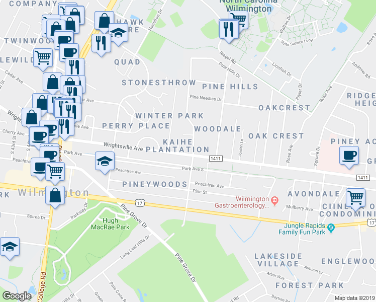 map of restaurants, bars, coffee shops, grocery stores, and more near 4947 Wrightsville Avenue in Wilmington