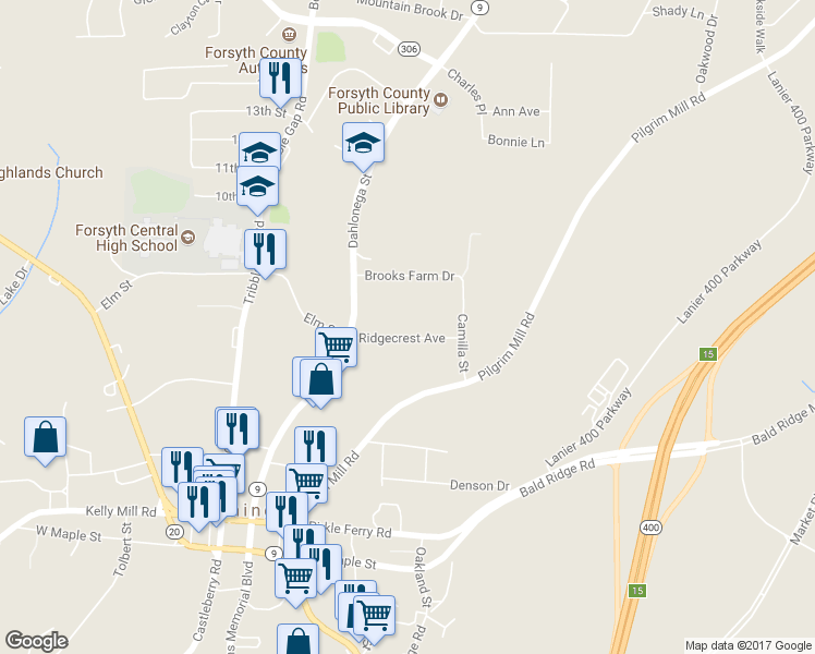 map of restaurants, bars, coffee shops, grocery stores, and more near 116 Ridgecrest Avenue in Cumming