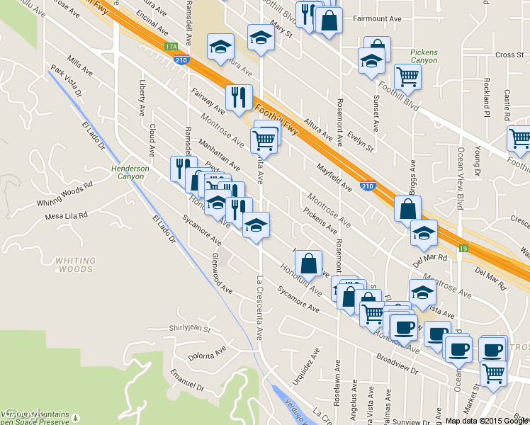 map of restaurants, bars, coffee shops, grocery stores, and more near 2742 Piedmont Avenue in Glendale