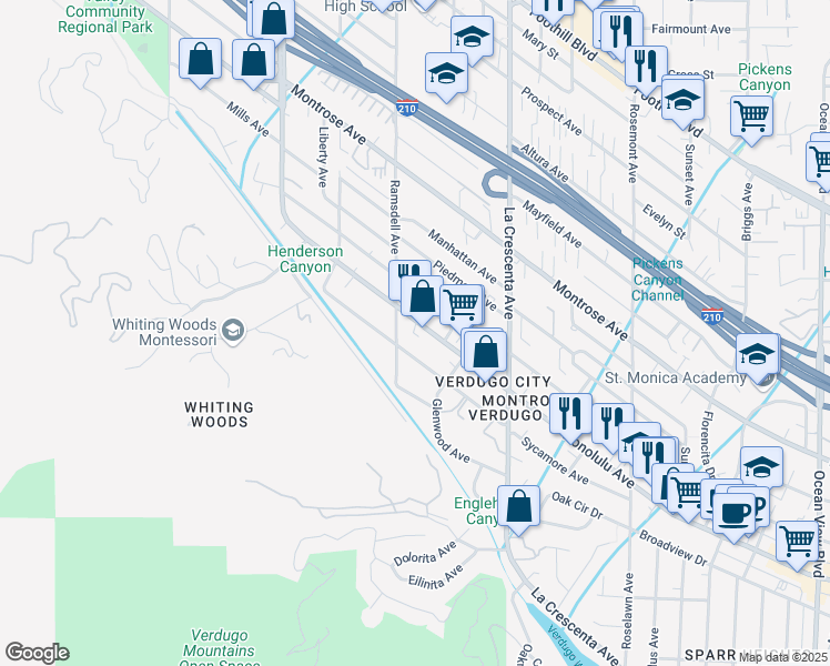 map of restaurants, bars, coffee shops, grocery stores, and more near 2950 Honolulu Avenue in Glendale