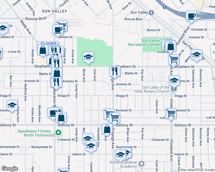 map of restaurants, bars, coffee shops, grocery stores, and more near 11424 Arminta Street in Los Angeles
