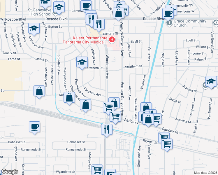 map of restaurants, bars, coffee shops, grocery stores, and more near 7835 North Woodman Avenue in Los Angeles