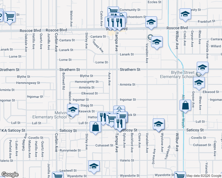 map of restaurants, bars, coffee shops, grocery stores, and more near 7851 Tampa Avenue in Los Angeles
