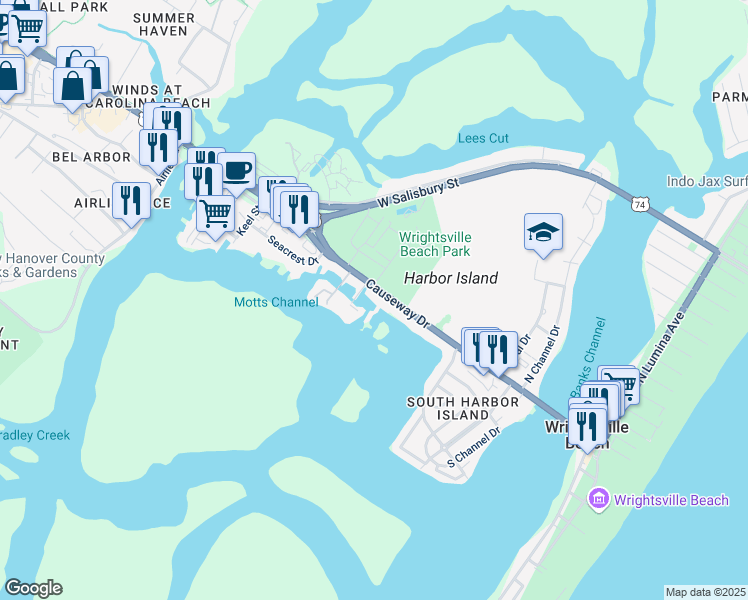 map of restaurants, bars, coffee shops, grocery stores, and more near 327 U.S. 76 in Wrightsville Beach