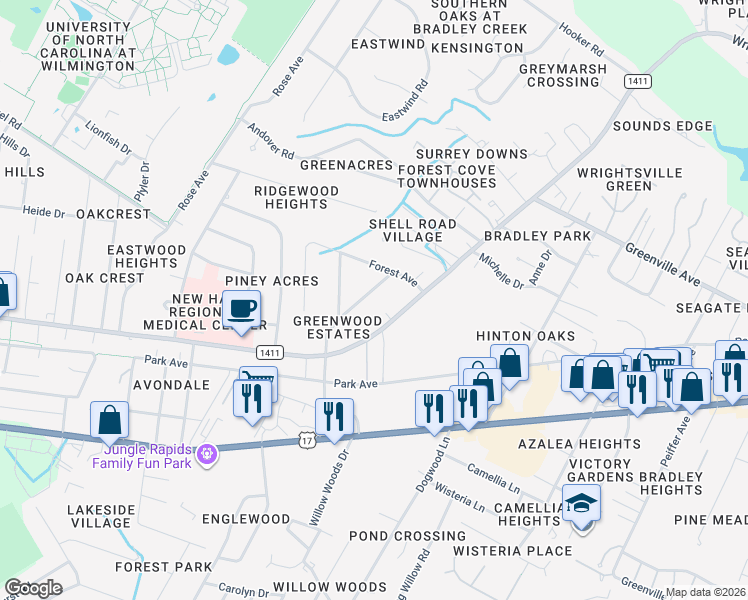 map of restaurants, bars, coffee shops, grocery stores, and more near 5584 Sycamore Street in Wilmington