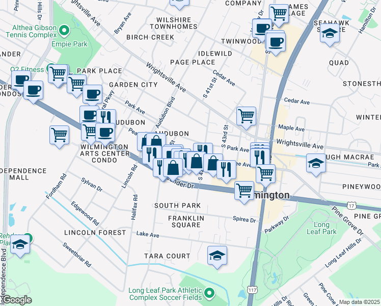 map of restaurants, bars, coffee shops, grocery stores, and more near 4111 Peachtree Avenue in Wilmington