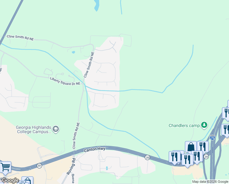 map of restaurants, bars, coffee shops, grocery stores, and more near 16 Secretariat Court Northeast in Cartersville