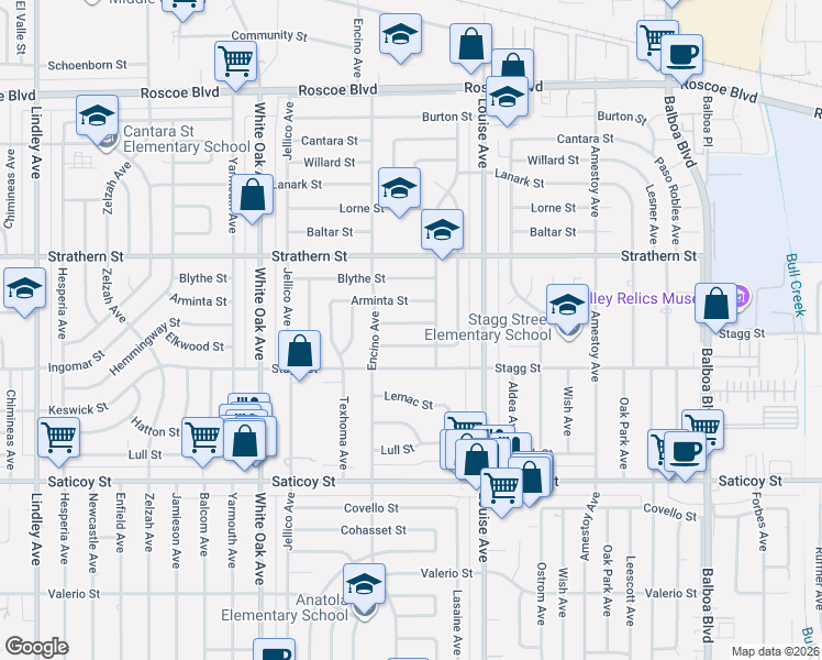 map of restaurants, bars, coffee shops, grocery stores, and more near 17424 Hemmingway Street in Los Angeles
