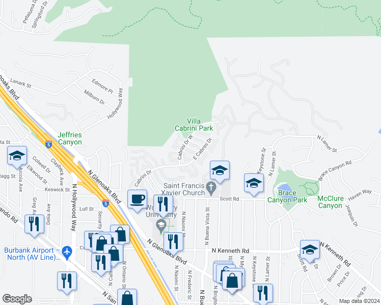 map of restaurants, bars, coffee shops, grocery stores, and more near 9531 Vía Ricardo in Burbank