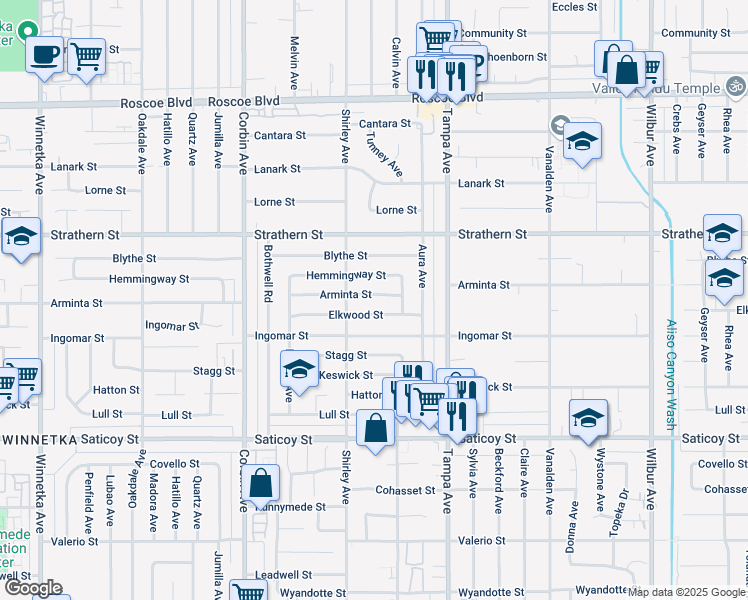 map of restaurants, bars, coffee shops, grocery stores, and more near 19432 Arminta Street in Los Angeles
