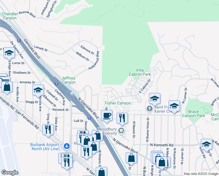 map of restaurants, bars, coffee shops, grocery stores, and more near 9758 Vía Roma in Burbank