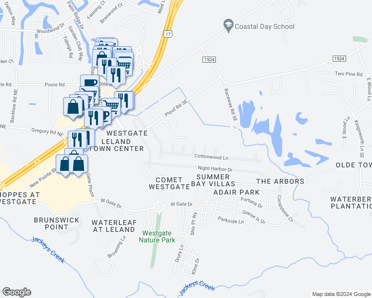 map of restaurants, bars, coffee shops, grocery stores, and more near 254 Buff Court Southeast in Leland