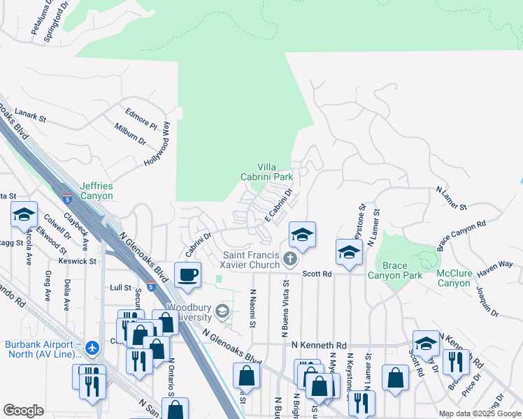 map of restaurants, bars, coffee shops, grocery stores, and more near 9546 Vía Salerno in Burbank