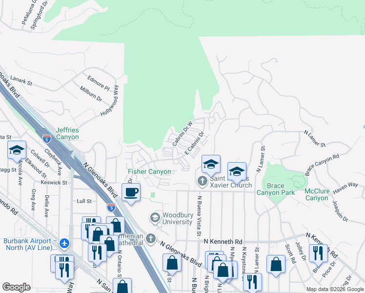 map of restaurants, bars, coffee shops, grocery stores, and more near 9546 Vía Salerno in Burbank