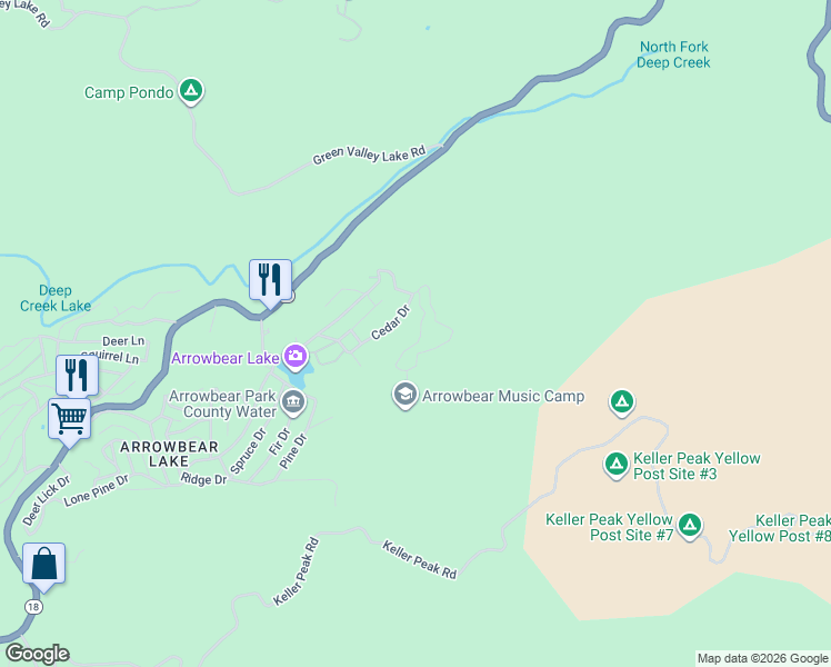 map of restaurants, bars, coffee shops, grocery stores, and more near 33475 Music Camp Road in Running Springs