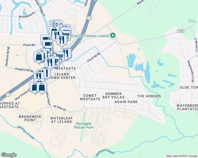 map of restaurants, bars, coffee shops, grocery stores, and more near 251 Ray Court in Leland