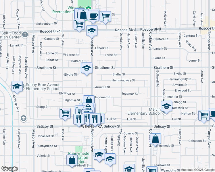 map of restaurants, bars, coffee shops, grocery stores, and more near 20003 Arminta Street in Los Angeles