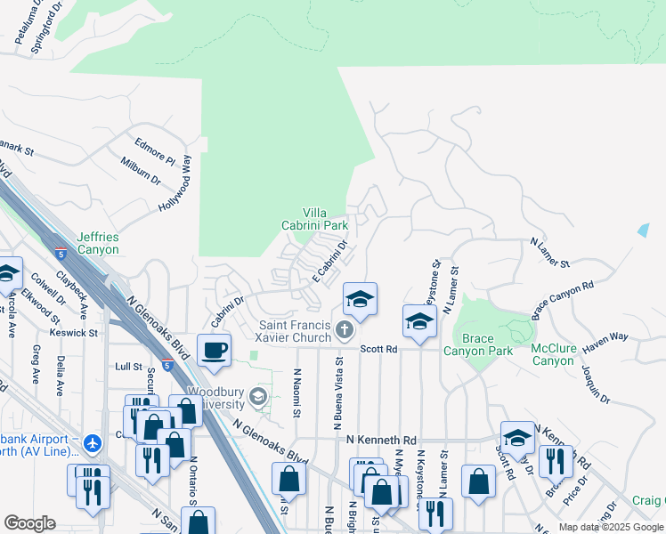 map of restaurants, bars, coffee shops, grocery stores, and more near 9442 Vía Venezia in Burbank