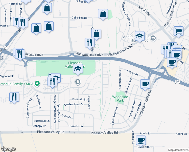 map of restaurants, bars, coffee shops, grocery stores, and more near 213 Bellafonte Court in Camarillo