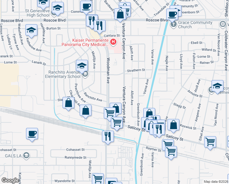 map of restaurants, bars, coffee shops, grocery stores, and more near 7840 Woodman Avenue in Los Angeles