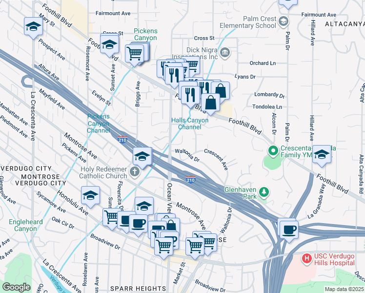 map of restaurants, bars, coffee shops, grocery stores, and more near 2274 Luana Lane in La Crescenta-Montrose