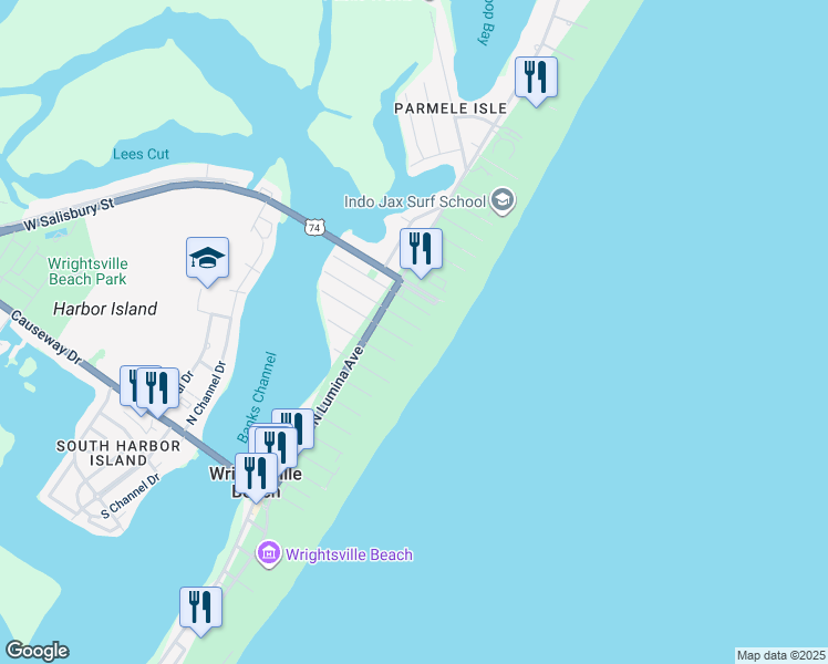 map of restaurants, bars, coffee shops, grocery stores, and more near 18 East Henderson Street in Wrightsville Beach