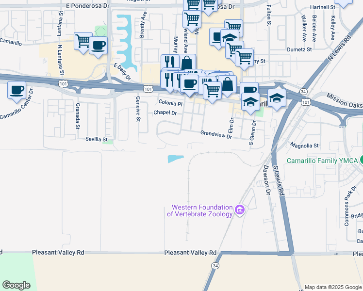 map of restaurants, bars, coffee shops, grocery stores, and more near 392 Grandview Circle in Camarillo
