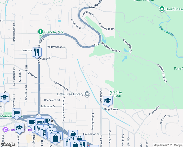 map of restaurants, bars, coffee shops, grocery stores, and more near 5250 Gould Avenue in La Cañada Flintridge