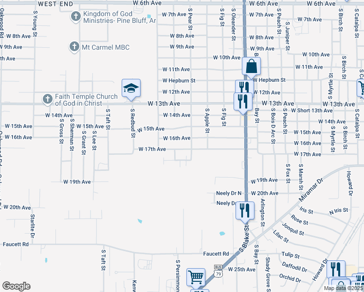 map of restaurants, bars, coffee shops, grocery stores, and more near 4307 West 17th Avenue in Pine Bluff