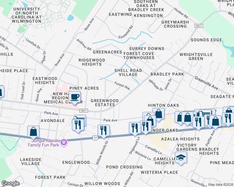 map of restaurants, bars, coffee shops, grocery stores, and more near 5584 Sycamore Street in Wilmington