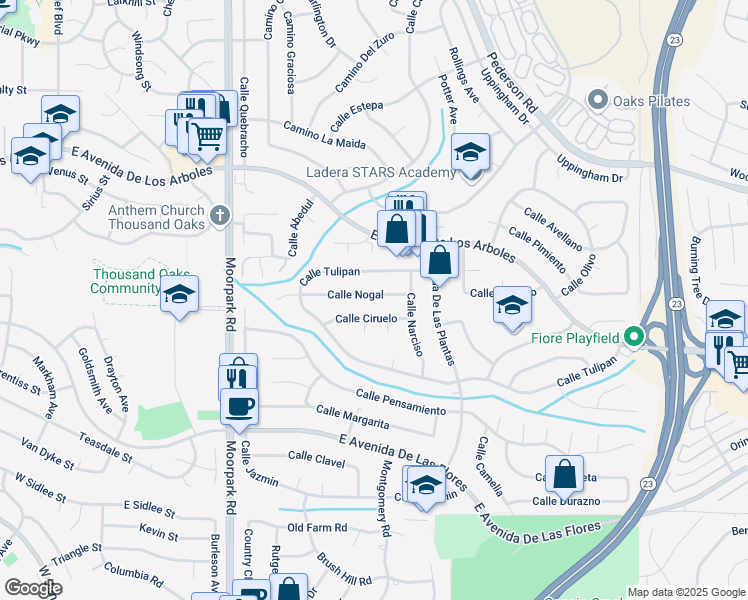 map of restaurants, bars, coffee shops, grocery stores, and more near 970 Calle Nogal in Thousand Oaks