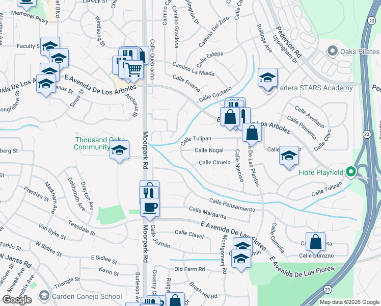 map of restaurants, bars, coffee shops, grocery stores, and more near 836 Calle Nogal in Thousand Oaks