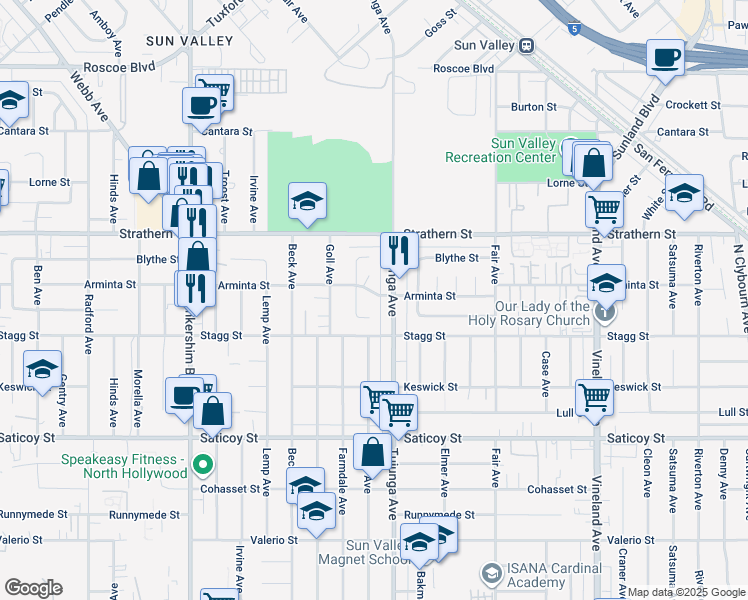 map of restaurants, bars, coffee shops, grocery stores, and more near 11418 Arminta Street in Los Angeles