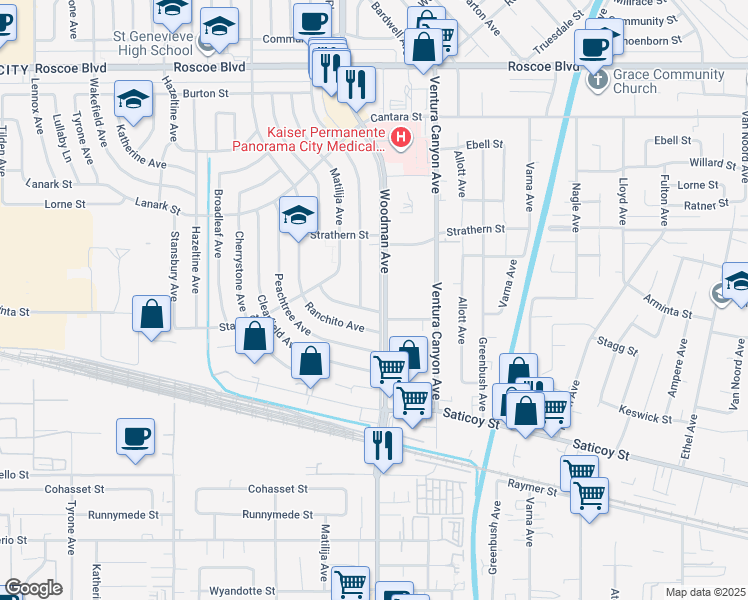 map of restaurants, bars, coffee shops, grocery stores, and more near 7835 North Woodman Avenue in Los Angeles
