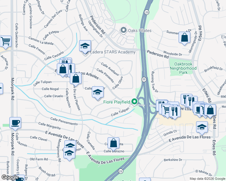 map of restaurants, bars, coffee shops, grocery stores, and more near 2608 Calle Olivo in Thousand Oaks