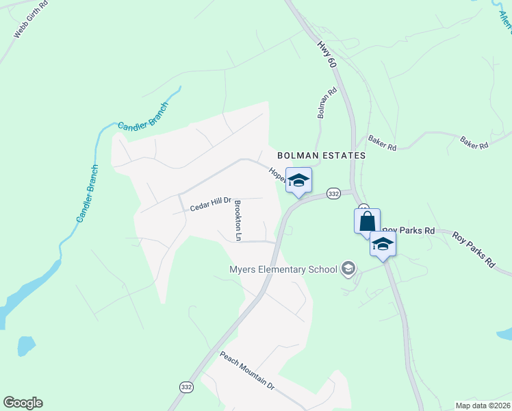map of restaurants, bars, coffee shops, grocery stores, and more near 7117 Cedar Hill Drive in Gainesville