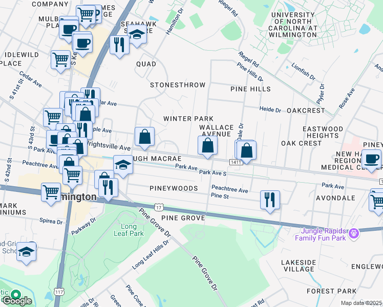 map of restaurants, bars, coffee shops, grocery stores, and more near 4937 Wrightsville Avenue in Wilmington