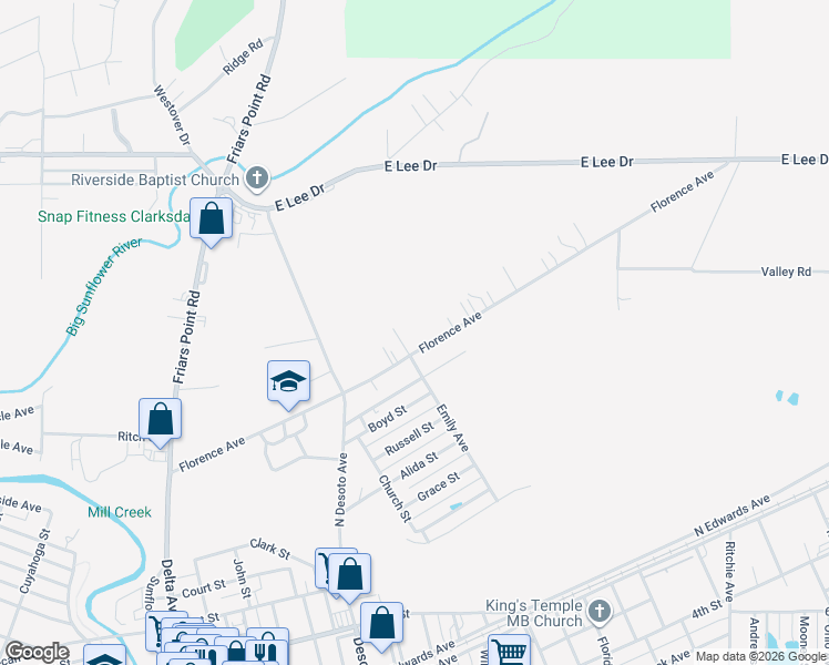 map of restaurants, bars, coffee shops, grocery stores, and more near 313 Florence Avenue in Clarksdale