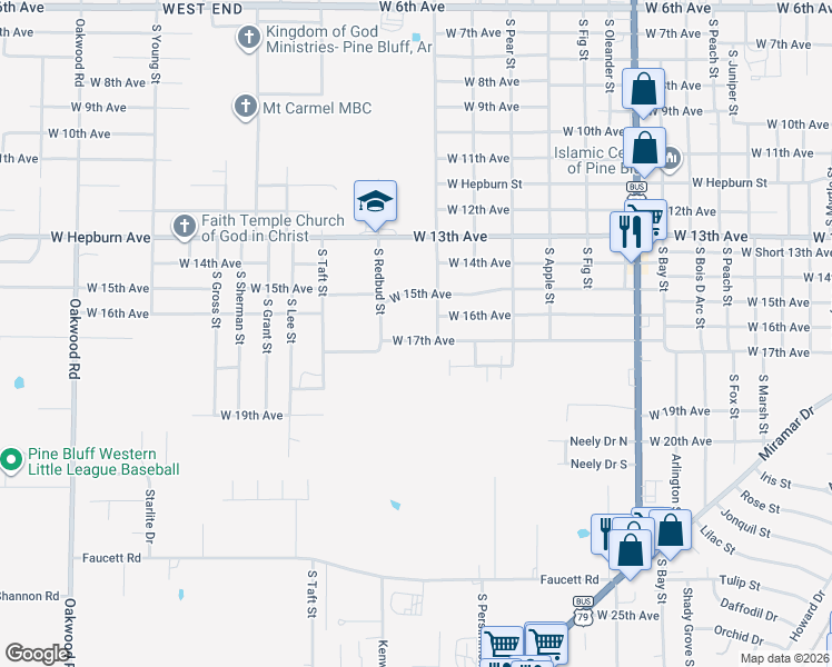 map of restaurants, bars, coffee shops, grocery stores, and more near 4507 West 17th Avenue in Pine Bluff