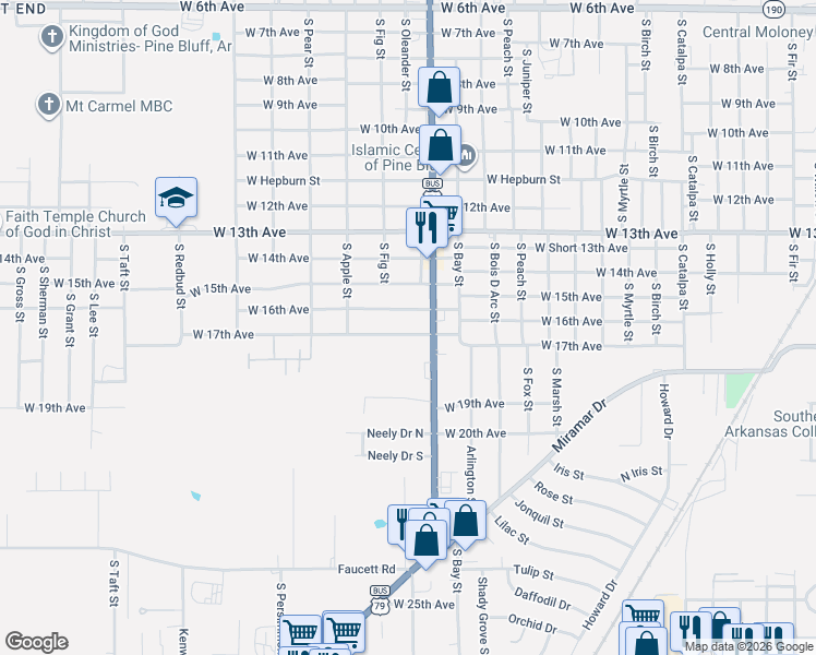 map of restaurants, bars, coffee shops, grocery stores, and more near 4007 West 17th Avenue in Pine Bluff