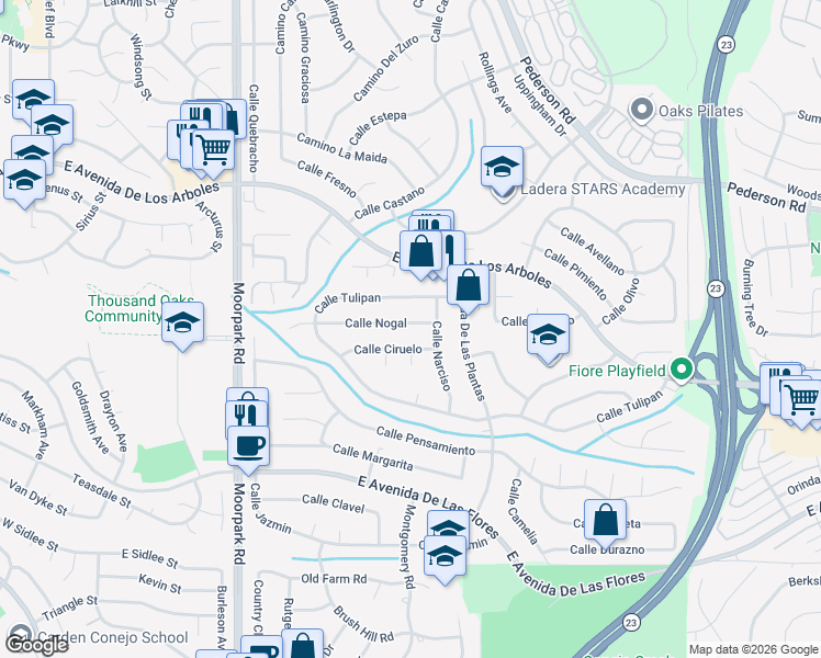 map of restaurants, bars, coffee shops, grocery stores, and more near 1020 Calle Nogal in Thousand Oaks