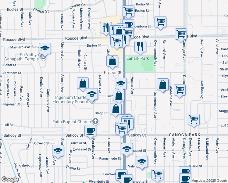 map of restaurants, bars, coffee shops, grocery stores, and more near 7851 Hanna Avenue in Los Angeles