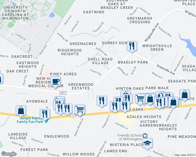 map of restaurants, bars, coffee shops, grocery stores, and more near 5595 Wrightsville Avenue in Wilmington