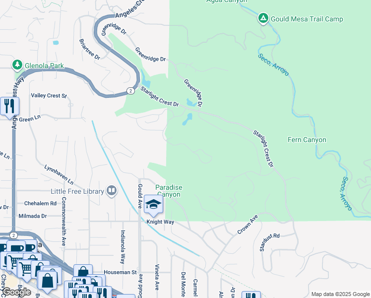 map of restaurants, bars, coffee shops, grocery stores, and more near 5419 Godbey Drive in La Cañada Flintridge
