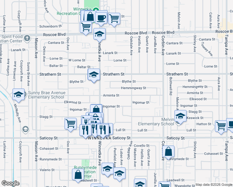 map of restaurants, bars, coffee shops, grocery stores, and more near 20003 Arminta Street in Los Angeles