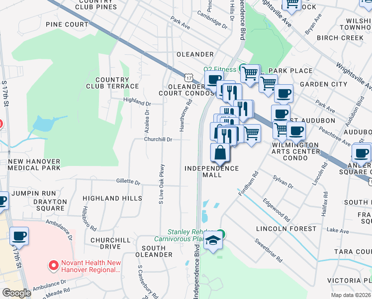 map of restaurants, bars, coffee shops, grocery stores, and more near 1809 Hawthorne Rd in Wilmington