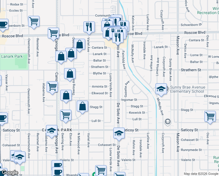 map of restaurants, bars, coffee shops, grocery stores, and more near 20932 Arminta Street in Los Angeles